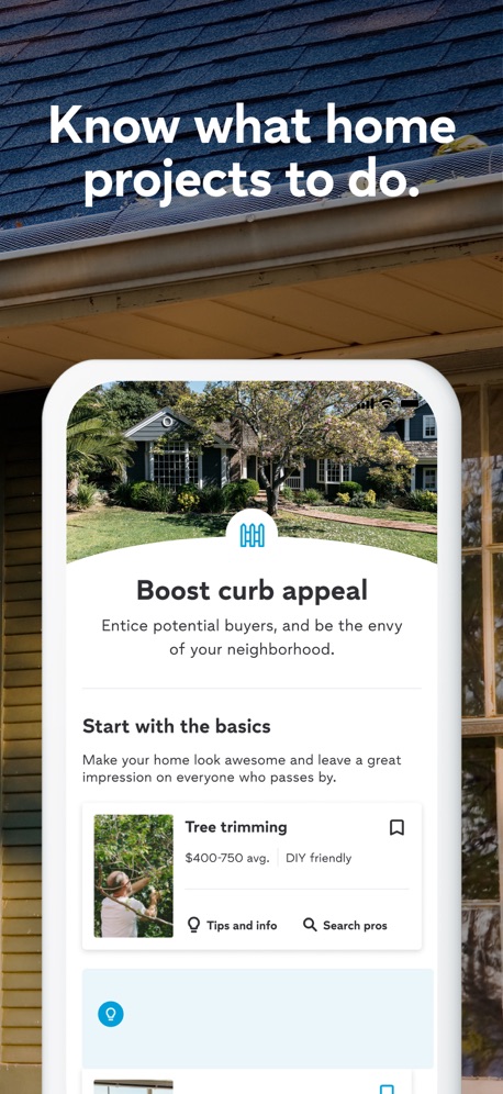Thumbtack: Home Service Pros App Store screenshot 4, headline “Know what home projects to do.”. Orange.