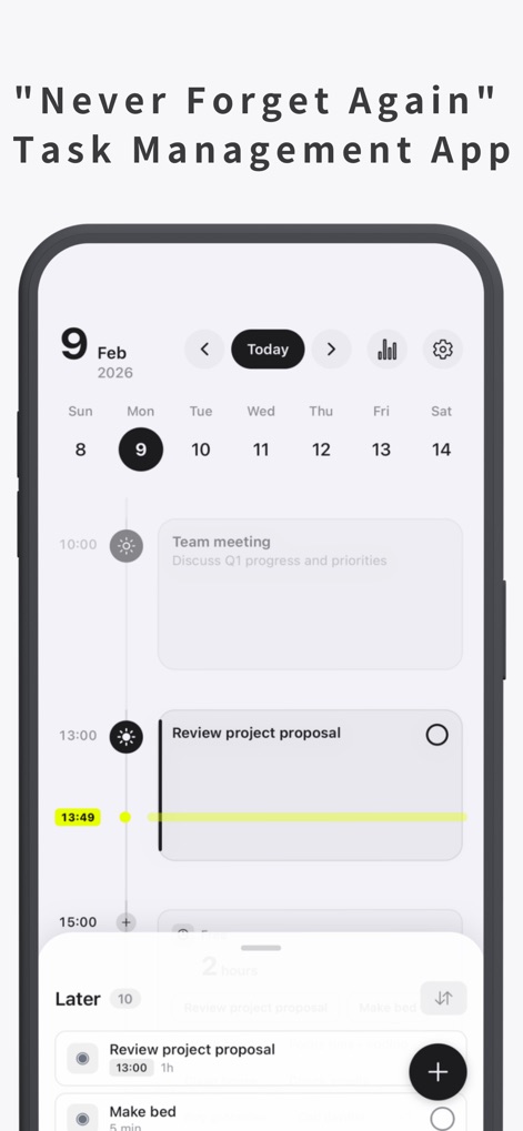 Any Planner-Daily Task Planner - Observe how the app visually organizes the entire day with a dynamic timeline view and a readily accessible 'Later' list for future planning.