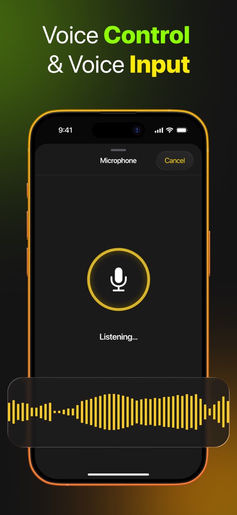TVRem Universal TV Remote App - La aplicación facilita el control por voz, mostrando un micrófono activo con la indicación "Listening..." y una visualización de ondas sonoras en tiempo real.