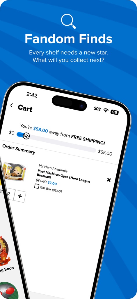 Funko - Esta tela detalha o "Carrinho" do usuário, exibindo o item "My Hero Academia Pop!" e o progresso na barra indicadora para alcançar o "FREE SHIPPING!".