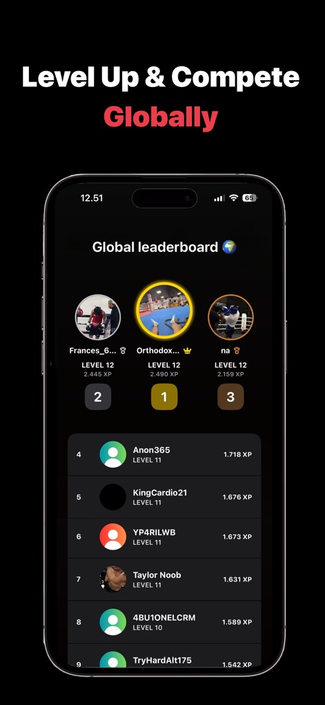 Boxer AI - The app fosters competitive engagement through a "Global leaderboard," where users can track their progress, earn "XP," and climb levels by comparing their performance with others worldwide.