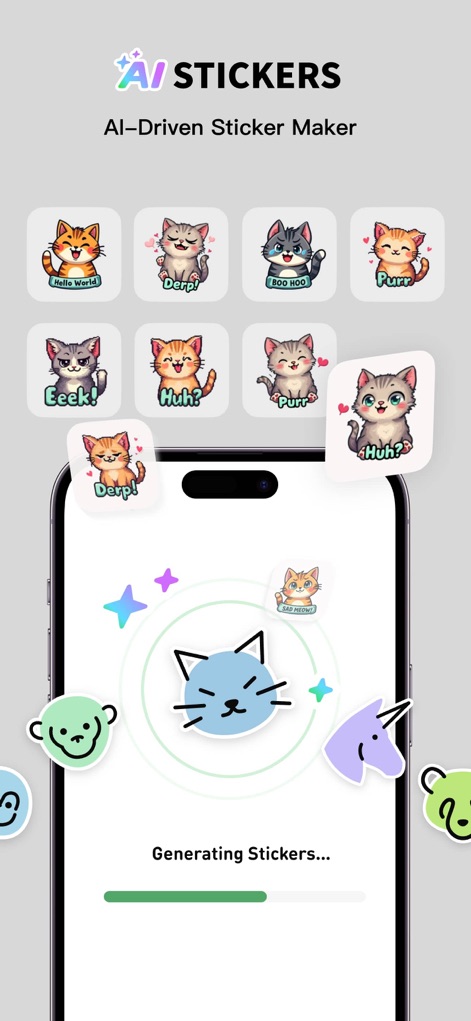 WhizAI for WA - Users can effortlessly create unique, AI-generated stickers, transforming creative ideas into a diverse collection of expressive visuals like the showcased cat designs.