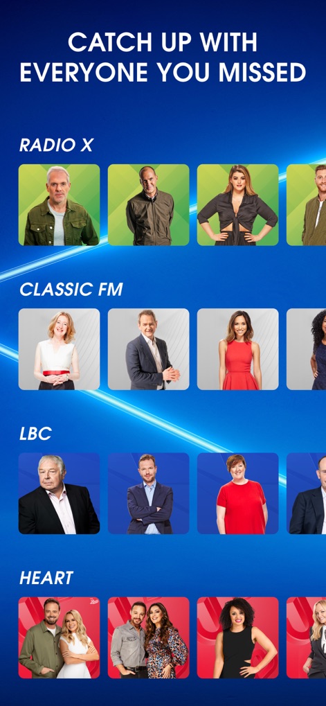 Global Player Radio & Podcasts - Users can easily catch up on missed content, with the app displaying presenter profiles categorized by station like Radio X and Classic FM.
