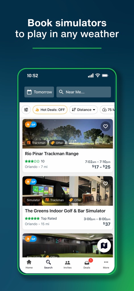 GolfNow Book TeeTimes Golf GPS - Users can easily locate and book indoor options like "The Greens Indoor Golf & Bar Simulator" and facilities offering "Trackman" technology, expanding their play opportunities regardless of weather.