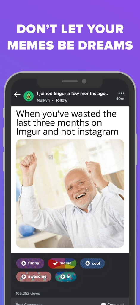 Imgur: Funny Memes & GIF Maker - La plataforma permite a los usuarios interactuar con memes populares, como el clásico "Hide the Pain Harold", mostrando opciones de votación y etiquetas para una fácil clasificación.