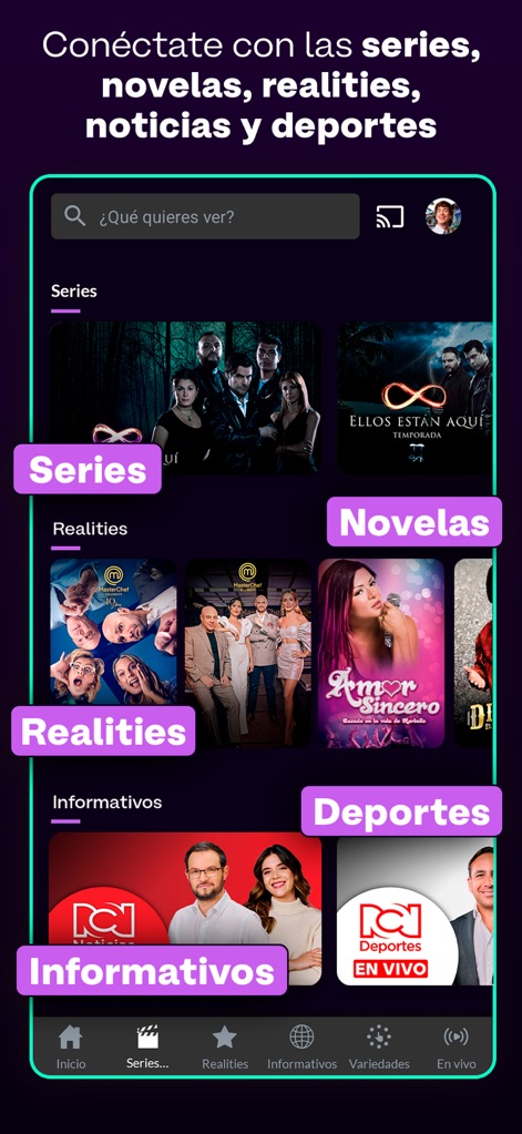 Canal RCN - The platform organizes its vast library into intuitive sections like "Series" and "Novelas," alongside a prominent search bar for quick content discovery.