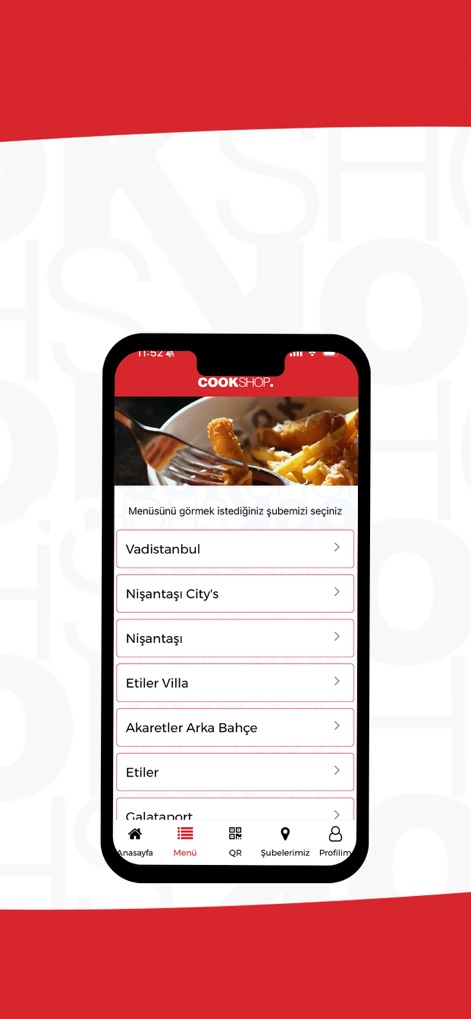 CookShoppers - Gli utenti possono navigare facilmente tra le varie sedi, come "Vadistanbul" e "Nişantaşı City's", per visualizzare il menù specifico di ogni ristorante prima della visita.