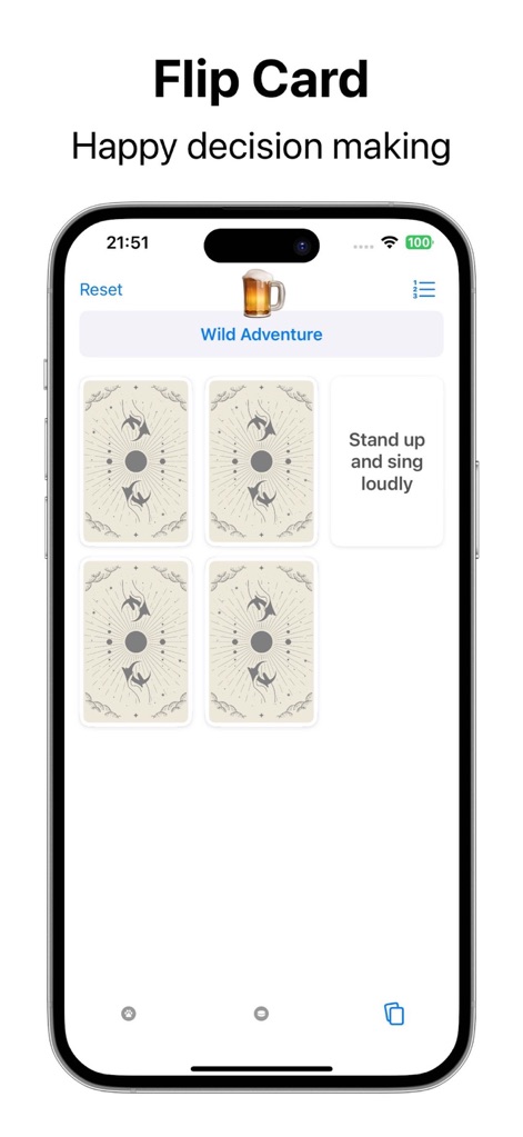 Tiny Decisions-wheel decisions - Explore the interactive card flip feature, where users can reveal fun "Wild Adventure" tasks and engage with a set of visually appealing playing cards.