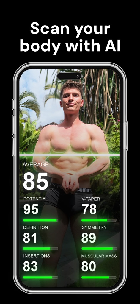 Symmetry: AI Gym Workout Log - Discover your physique with the AI Body Scan, revealing detailed metrics like 'Definition' and 'Muscular Mass' to pinpoint areas for improvement.