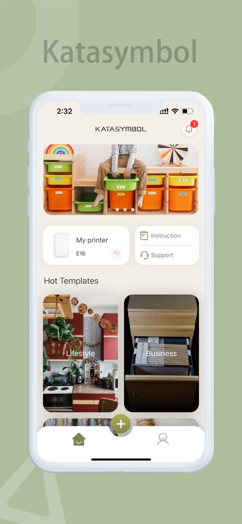 Katasymbol - Explore the app's intuitive homepage, featuring quick access to a variety of 'Hot Templates' and a dedicated 'My printer' connection status section.