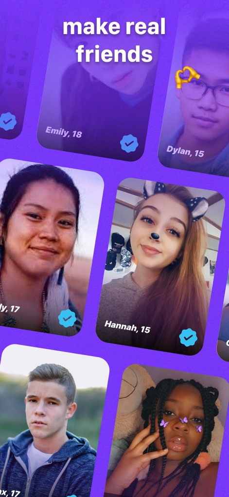 Peeps - Make New Friends - Uma grade de perfis exibindo diversos usuários com selos de verificação em seus nomes, ilustrando a facilidade de encontrar novas conexões autênticas.