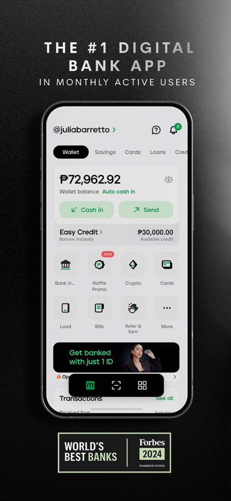 Maya – savings, loans, cards - Explore the app's intuitive dashboard featuring a detailed wallet balance display and quick access to essential banking services like 'Cash in' and 'Send'.