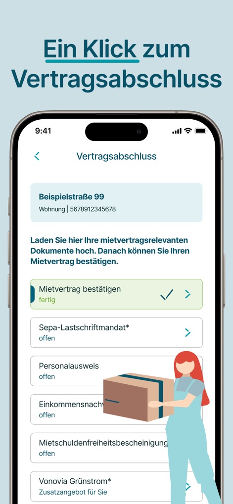Mein Vonovia - The app facilitates effortless contract completion, allowing users to digitally confirm their rental agreements and upload necessary documents in a structured process.