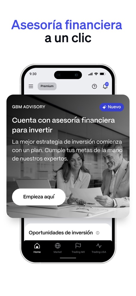 GBM - La aplicación simplifica la búsqueda de guía financiera con una tarjeta interactiva "GBM ADVISORY" que destaca la importancia de una estrategia, junto con un claro botón "Empieza aquí" para iniciar.