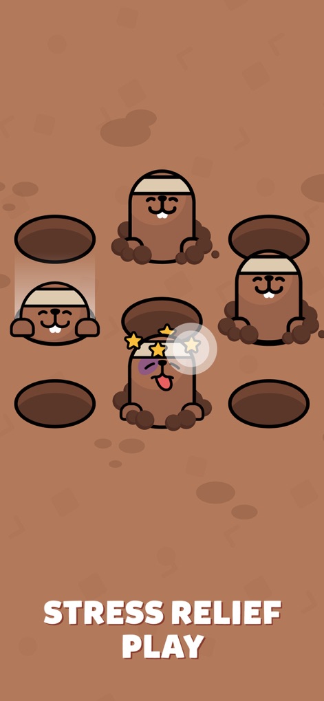 Mini Games: Calm & Relax - El juego ofrece un divertido alivio del estrés, con topos emergiendo de sus agujeros y animaciones de impacto, como estrellas alrededor de la cabeza de un topo, que añaden satisfacción.