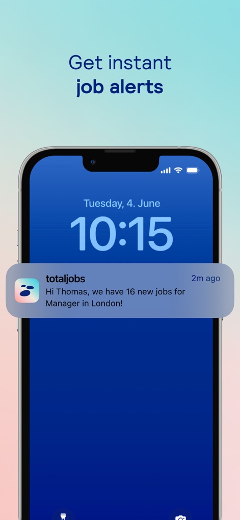 Totaljobs - UK Job Search App - The app delivers instant job alerts directly to the lock screen, providing personalized notifications such as "16 new jobs for Manager in London".