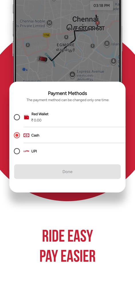 Red Taxi - Cab Booking App - Users benefit from flexible payment options, including digital UPI integration and the convenience of a dedicated Red Wallet.