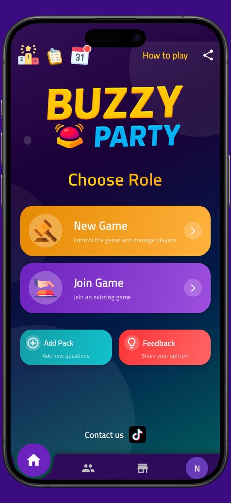 Buzzy Party: Spy امبوستر - The app streamlines setup, allowing users to effortlessly choose their role as Host or join an existing game with a tap.