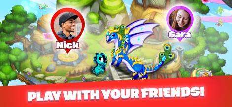 DragonVale - Breed Dragons - Cet outil facilite l'interaction sociale, permettant aux utilisateurs de se connecter avec leurs amis et de partager l'expérience de jeu, comme visible par les avatars et les dragons partagés.