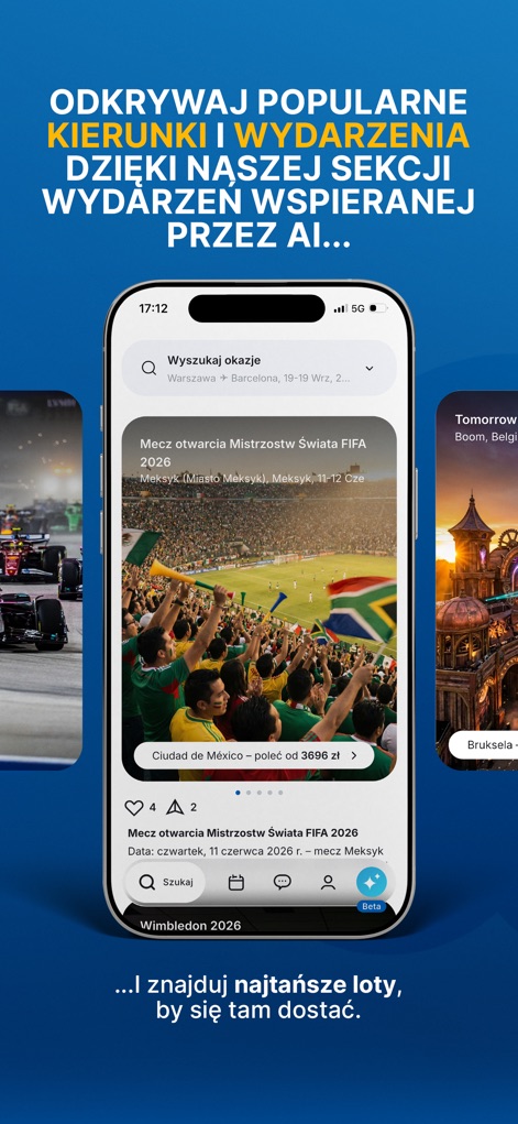 FRU - Tanie loty - Dieser Bereich der App ermöglicht es, beliebte „Kierunki i Wydarzenia“ (Ziele und Events) zu entdecken, wie zum Beispiel den „Mecz otwarcia Mistrzostw Świata FIFA 2026“ mit passenden Flugangeboten nach „Ciudad de México“.