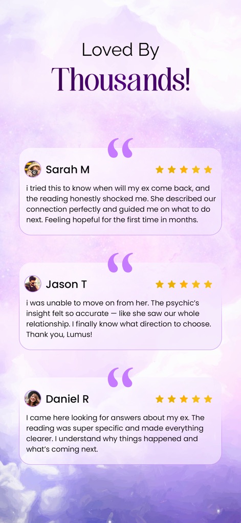 Lumus: Tarot & Psychic Reading - 「Sarah M」や「Jason T」といったユーザーからの高評価のレビューが複数掲載されており、各レビューには「5つ星の評価」が付けられています。