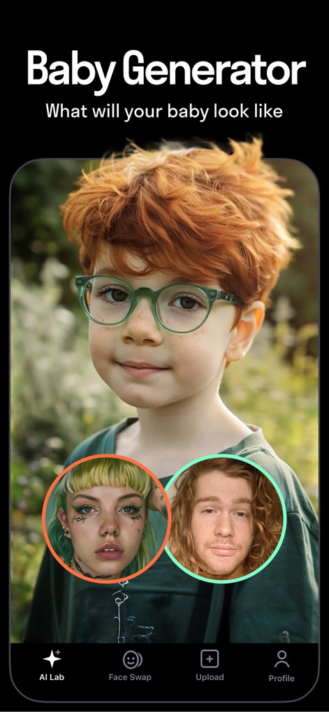 Reface: Face Edit AI Photo App - O recurso Gerador de Bebês combina fotos dos pais para prever o seu futuro bebê, oferecendo uma prévia visual única.