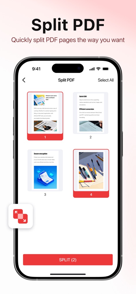 PDF Reader - Editor & Scanner - 大容量のPDFドキュメントを必要なセクションに簡単に分割でき、プレビュー機能により分割するページを視覚的に選択できます。