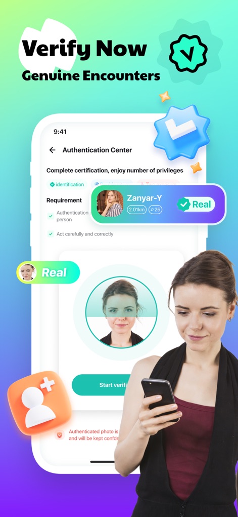 Timo Club - Multiplayer Party - The app features a clear "Authentication Center" to ensure genuine connections, guiding users through the "identification" process with real-person verification.