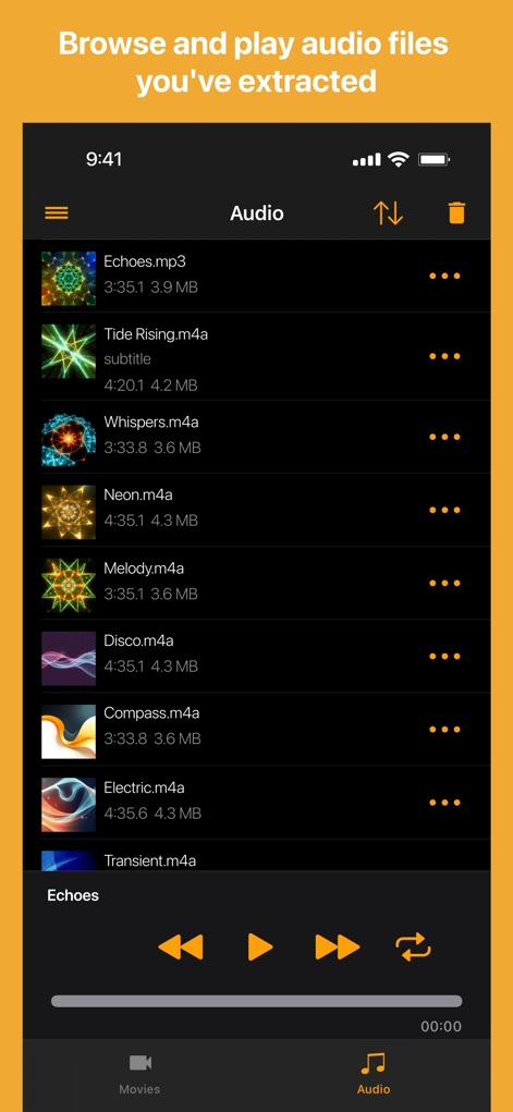 Export Audio - Nutzer können alle extrahierten Audiodateien in einer übersichtlichen Liste durchsuchen und direkt über die integrierten Wiedergabesteuerungen am unteren Rand der App abspielen.