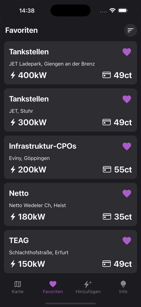 Ad-Hoc Map - The app enables drivers to save their preferred charging locations, showcasing their power ratings (kW) and individual pricing per kWh for easy reference.