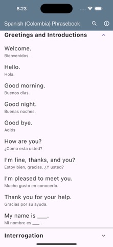 Spanish (Colombia) Phrasebook iPhone screenshot