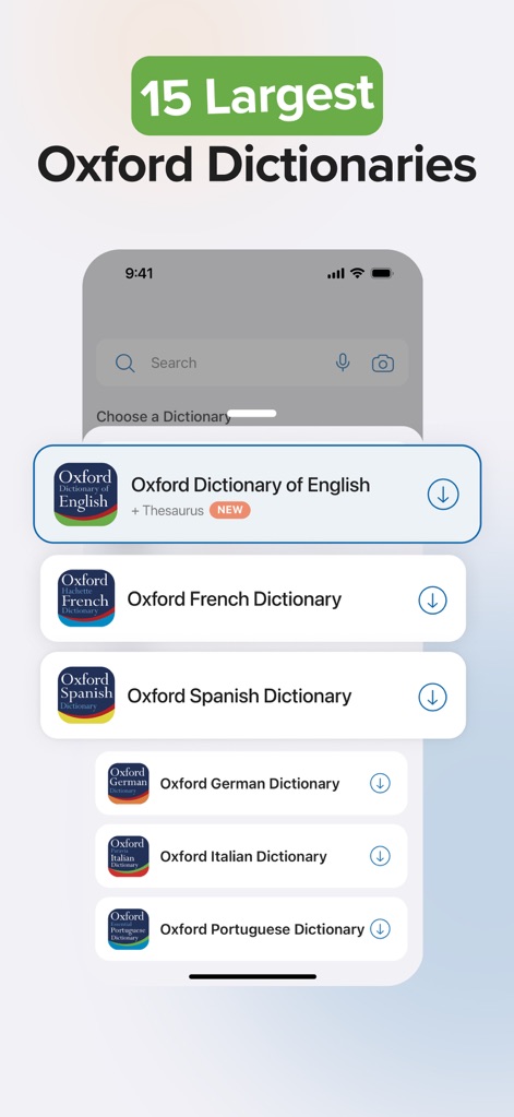Oxford Dictionary & Thesaurus - A interface permite aos usuários escolher entre 15 dos maiores dicionários Oxford, oferecendo a opção de fazer o download individualmente de cada um, como o Oxford French Dictionary e o Oxford Portuguese Dictionary.
