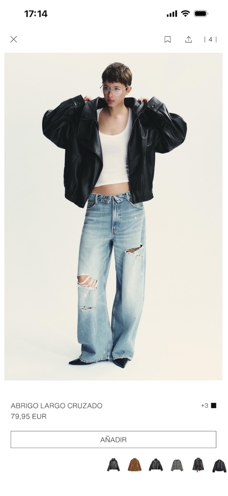 ZARA - 이 앱은 제품의 전체적인 스타일을 보여주는 모델 착용 이미지와 함께 'ABRIGO LARGO CRUZADO'라는 제품명 및 '79,95 EUR' 가격 정보를 명확하게 제시하며, 하단에 다양한 색상 선택지를 제공하여 구매 결정을 돕습니다.