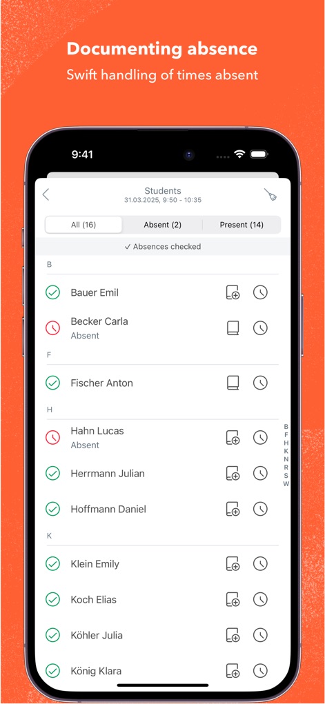 Untis Mobile - Teachers can easily document student attendance, categorizing students into 'Absent' and 'Present' with clear visual indicators and supporting icons.
