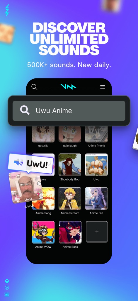 Voicemod - Users can effortlessly navigate the expansive sound library using the prominent search bar, quickly locating and previewing meme sounds as demonstrated by the 'Uwu!' pop-up.
