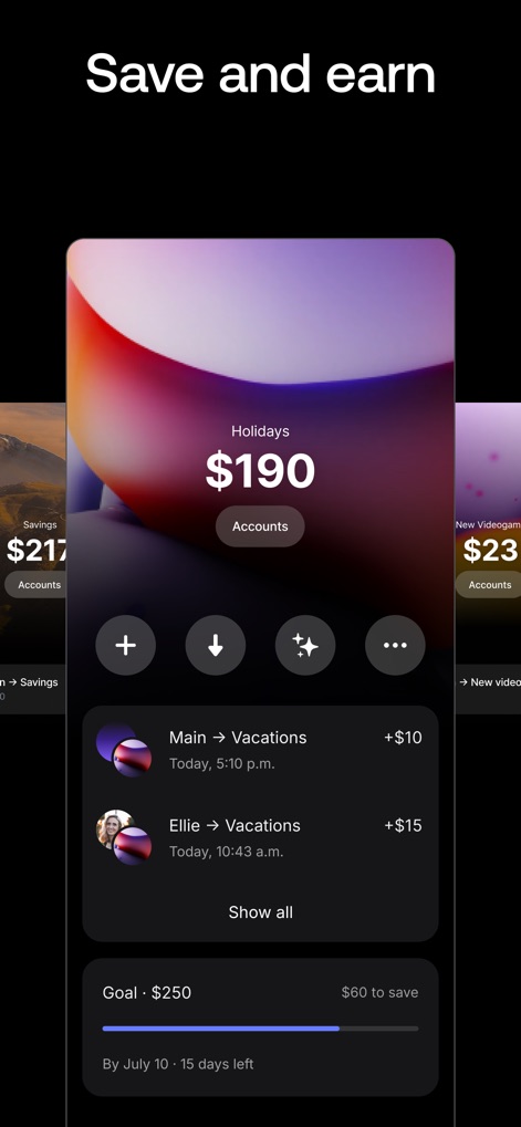 Revolut — Teen Finance - このアプリは貯蓄目標の設定をサポートし、ユーザーは「Holidays」や「New Videogames」のような目標を設定し、具体的な貯蓄進捗状況の追跡が可能です。