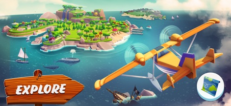 Sunshine Island: Farming Game - Questo screenshot rivela l'ampia mappa esplorabile, con un biplano giallo che sorvola e le numerose isole distintive visibili all'orizzonte.