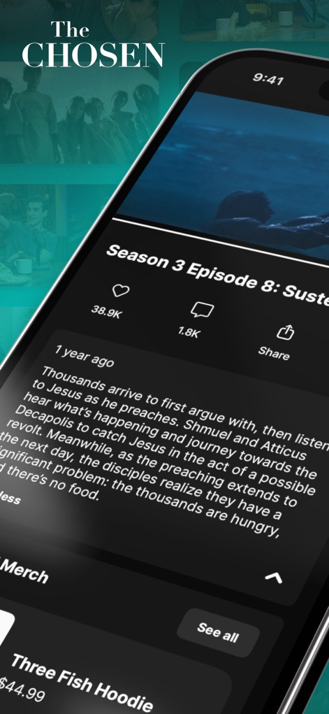 The Chosen - Esta pantalla muestra la descripción de un episodio, junto con las métricas de interacción como los "Likes" y la opción de "Compartir" el contenido.