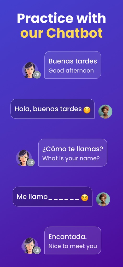 Mondly: Learn 41 Languages - Engage in real-time conversations with the app's AI chatbot, featuring dynamic speech bubbles and integrated audio prompts for pronunciation practice.