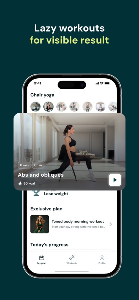 My Personal Challenge - This tool provides accessible low-impact options such as "Chair yoga" for effective results, alongside dedicated sections for "Today's progress" and exclusive plans.
