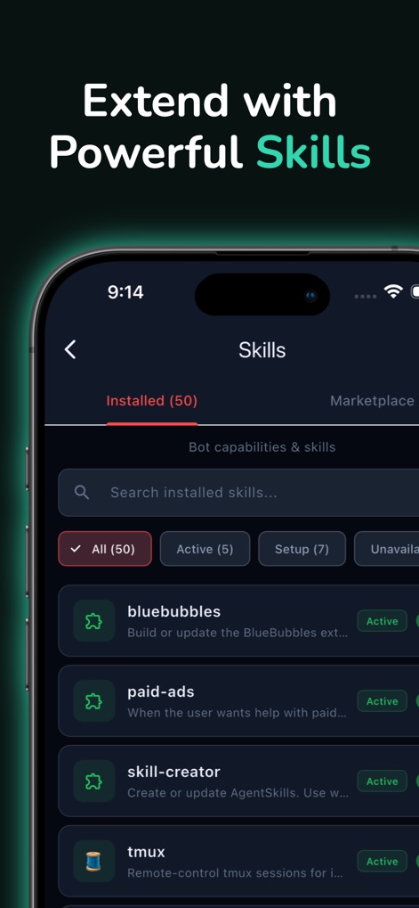 GoClaw - OpenClaw App - Dieser Screenshot hebt die umfangreiche Skills-Liste hervor, die es Nutzern ermöglicht, die Bot-Funktionalität zu erweitern und bietet zudem praktische Filteroptionen zur besseren Übersicht.