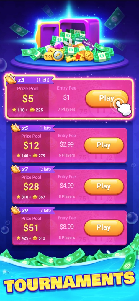 Pocket7Games: Win Cash - Explore the diverse tournament options, detailing various prize pools and entry fees, along with a clear "Play" button to join.