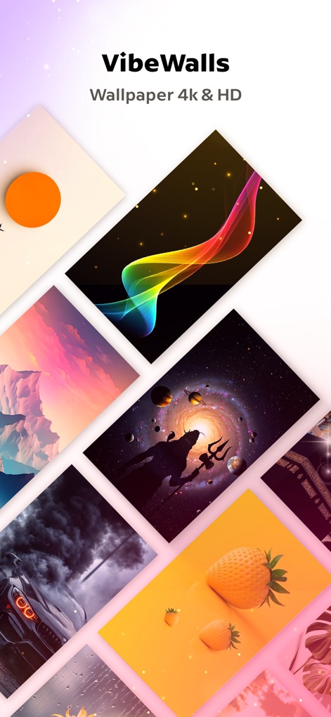 Vibewalls - Wallpaper HD & 4K - Esta tela inicial vibrante revela uma seleção variada de categorias, desde paisagens abstratas coloridas até imagens espirituais e de carros.