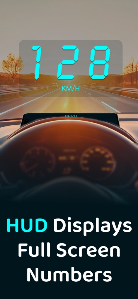 Speedometer GPS: Speed Monitor - The app features a Head-Up Display (HUD) mode, projecting large, clear speed numbers onto the windshield for improved visibility and safer night driving.