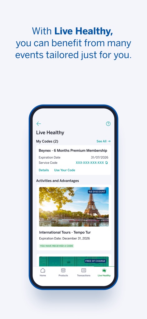 Garanti BBVA Emeklilik Mobile - Beyond finances, the 'Live Healthy' section provides exclusive benefits, including listings for activities and advantages like 'Beynex - 6 Months Premium Membership' and 'International Tours'.