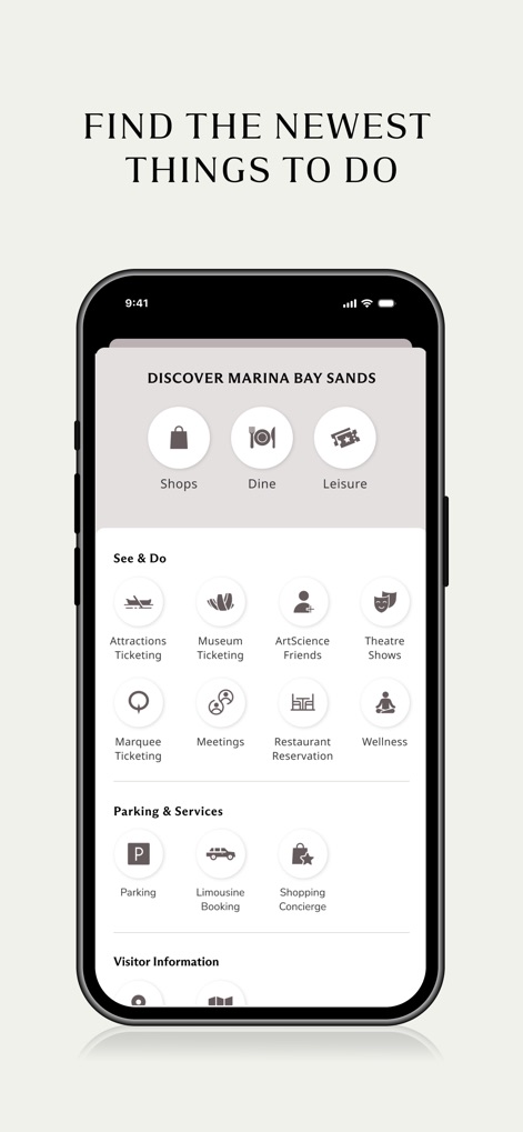 Marina Bay Sands Singapore - 사용자는 'Marina Bay Sands 둘러보기' 섹션을 통해 다양한 엔터테인먼트 및 편의 시설을 발견할 수 있으며, '어트랙션 티켓팅'과 같은 활동 예약과 '리무진 예약'과 같은 고급 서비스 옵션에 쉽게 접근할 수 있습니다.