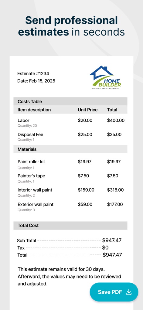 SimplyWise: Cost Estimator - Users can generate polished, branded estimates as PDF documents, clearly displaying a detailed costs table and a comprehensive total cost summary.