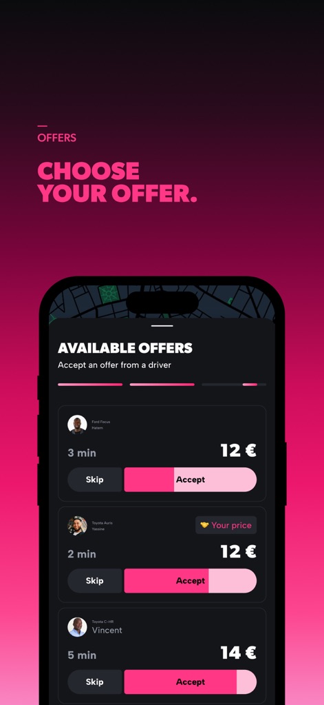 Heetch - Ride-Hailing App 24/7 - Users are presented with various driver offers, displaying driver arrival times and corresponding prices, enabling informed decision-making with accept or skip options.