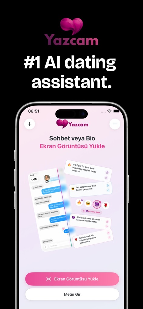 Yazcam - Find the Right Reply - La interfaz de inicio presenta la promesa 'Yazcam #1 AI dating assistant', con un prominente botón 'Sohbet veya Bio Ekran Görüntüsü Yükle' para que los usuarios inicien su interacción.