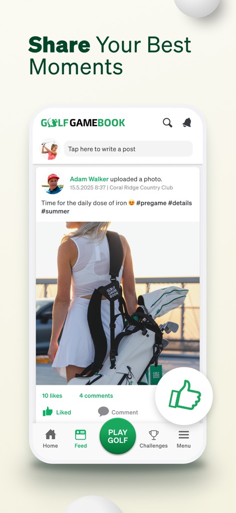 Golf GameBook: Scorecard & GPS - The app offers a dynamic social feed where users can share their golfing moments with photos and captions, and engage with friends through likes and comments.